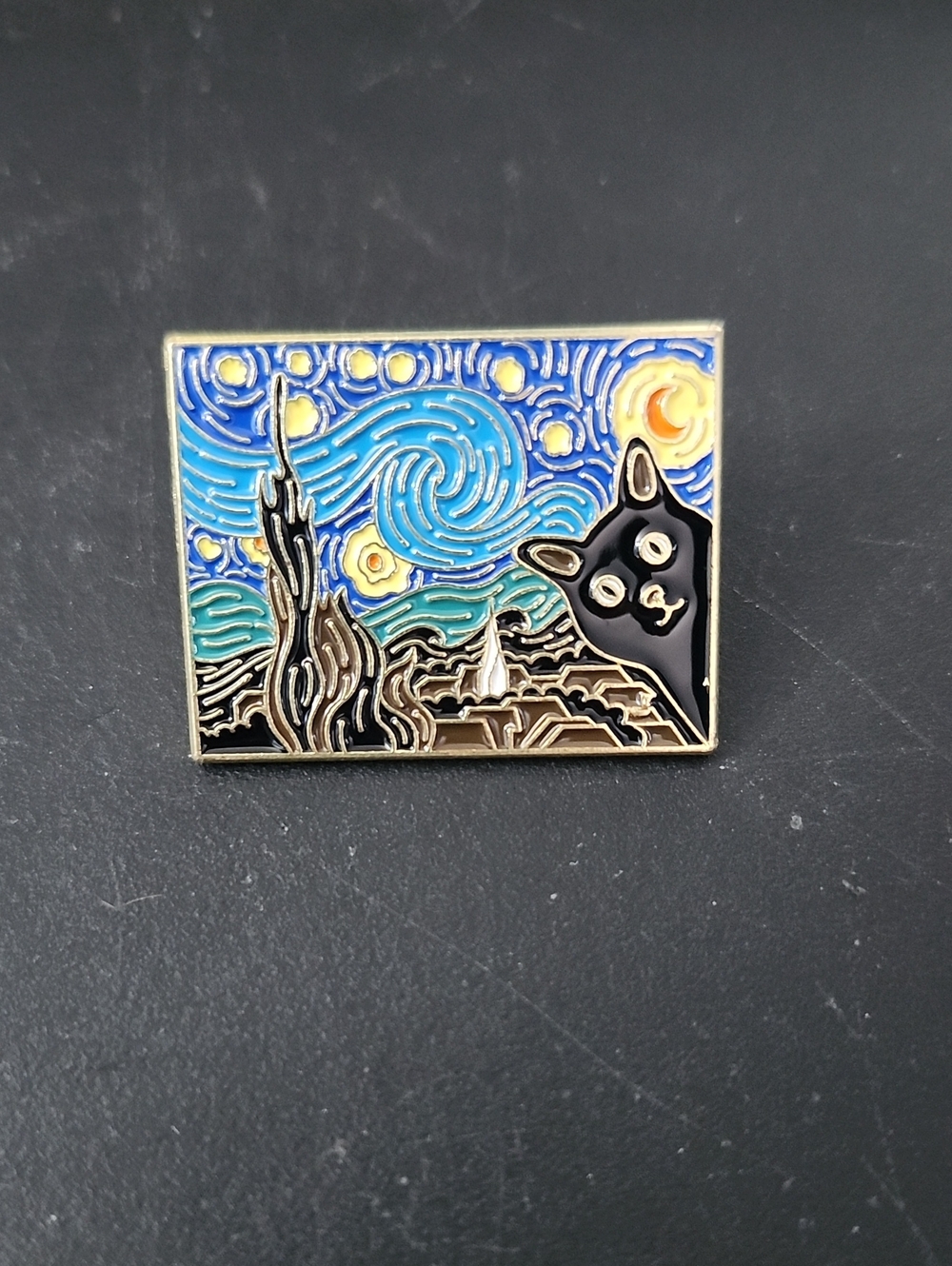 Cat Pop Art Enamel Pin - Starry Night Inspired - Black & Blue